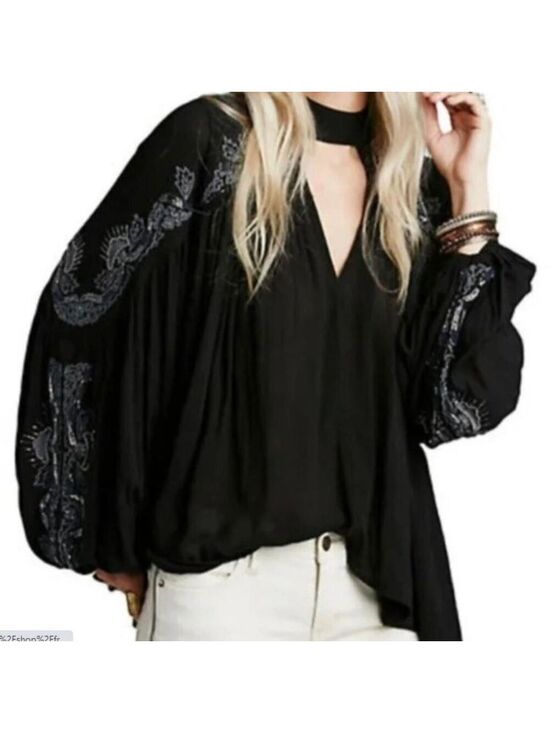 Free People Tops - FREE PEOPLE Sweet Fantasy Beaded And Embroidered Boho Blouse Black Women's Large